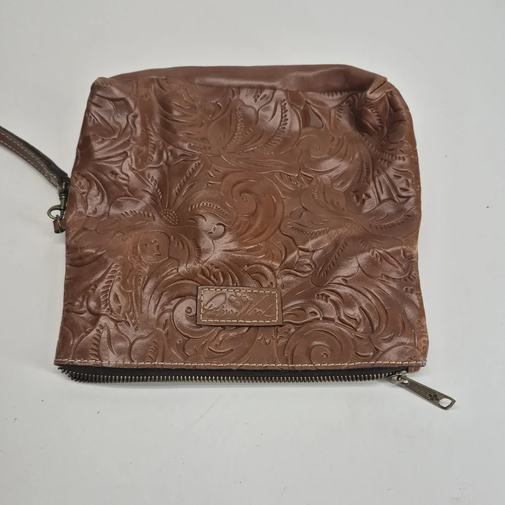 Patricia Nash Valerie Fold Over Wristlet Brown Tan Tooled Leather Finish